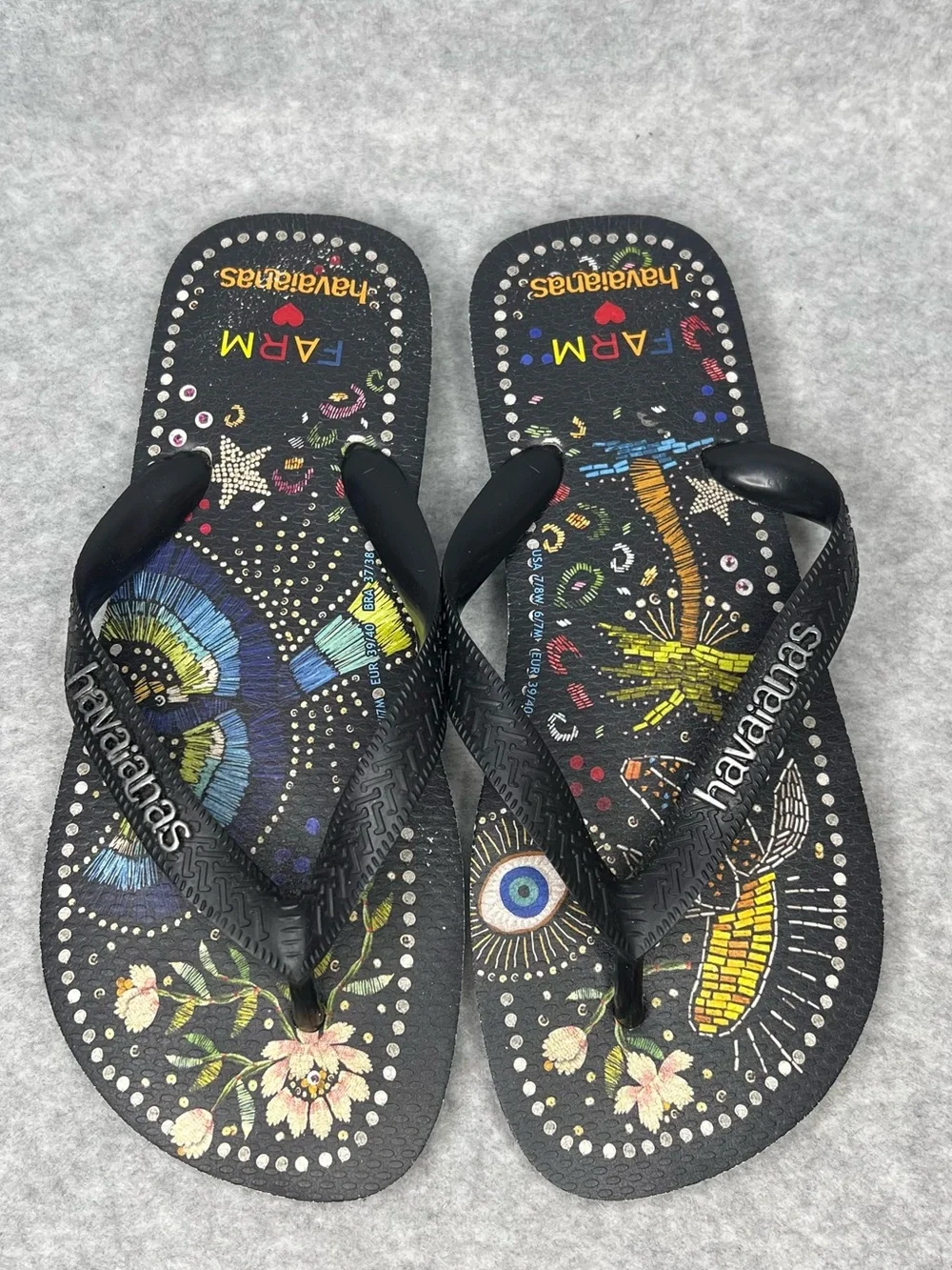 Farm Rio Black Multi Sandal in Black Havaianas Thong Flip Flops Women’s Size 7/8 - Picture 4 of 16